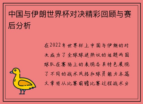 中国与伊朗世界杯对决精彩回顾与赛后分析